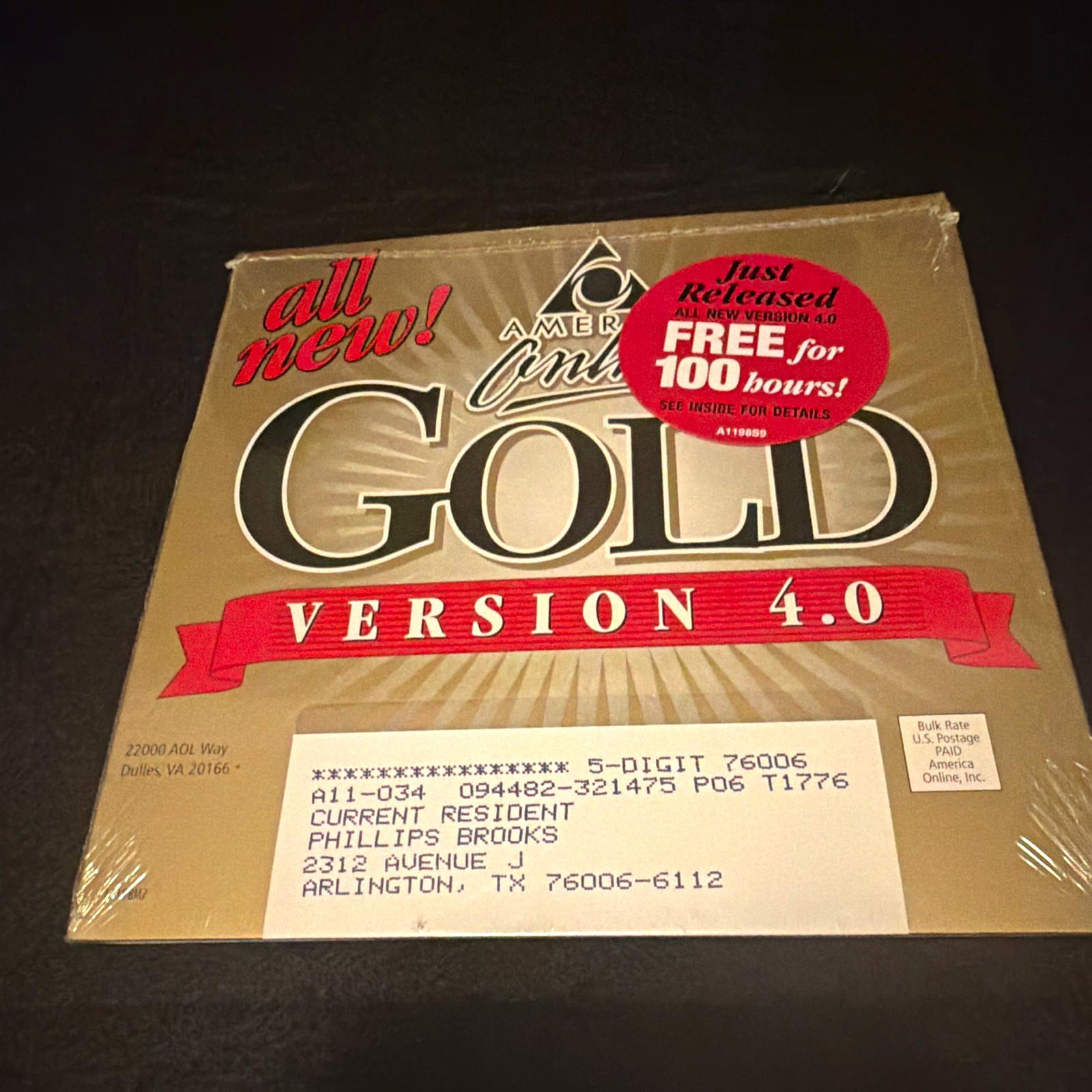 Vintage AOL America Online Gold Version 4.0 CD-ROM Sealed 100 Free Hours Mailer