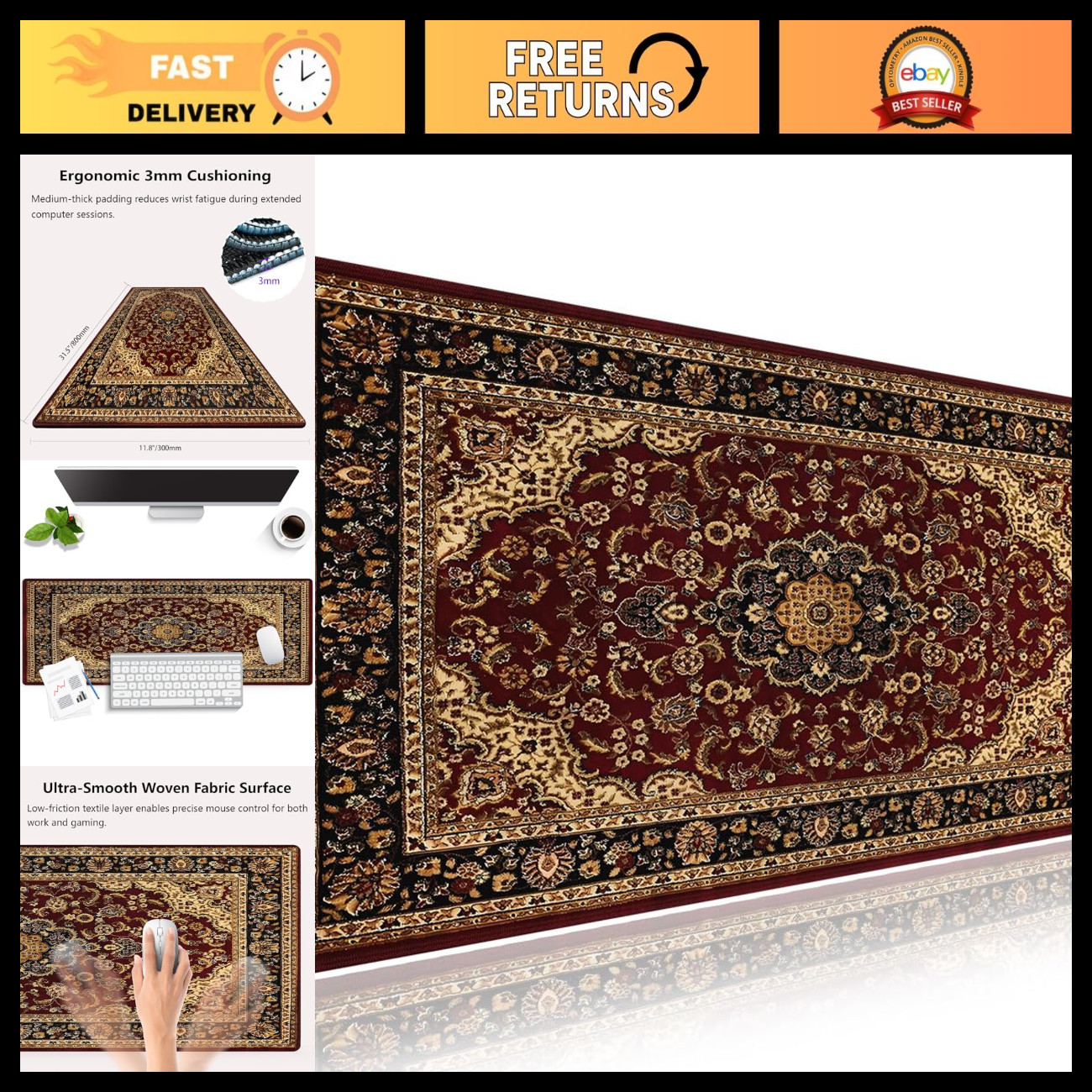 Large Vintage Oriental Persian Floral Mouse Pad - Red Black Beige Desk Mat Large Vintage Oriental Persian Floral Mouse Pad - Red Black Beige Desk Mat