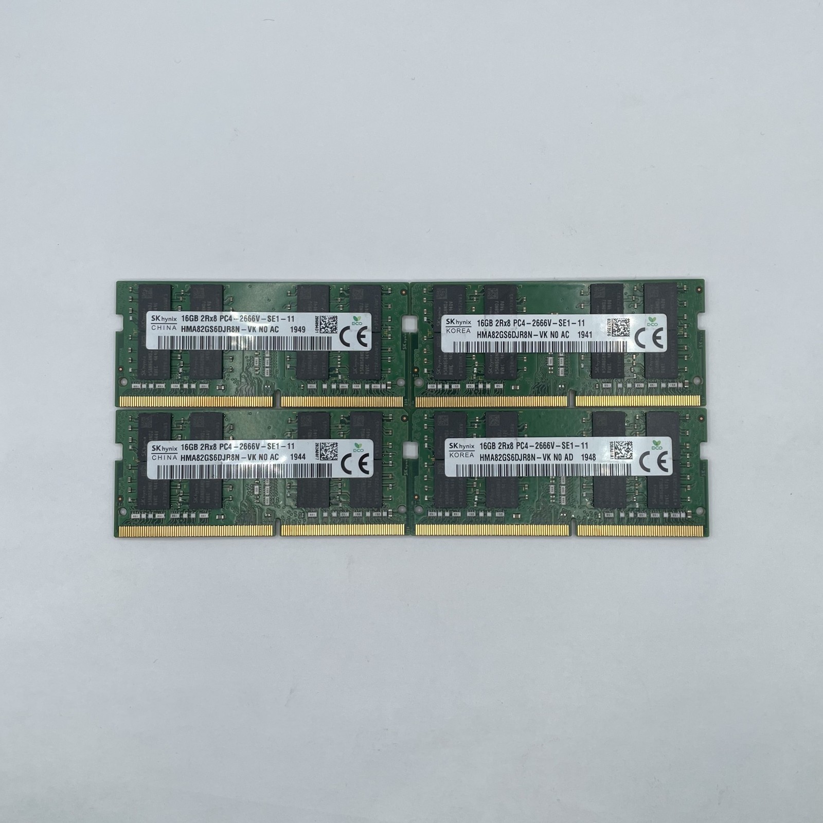Lot of 4 SK Hynix 16GB DDR4 2666MHz PC4-21300 2Rx8 SODIMM RAM HMA82GS6DJR8N-VK Lot of 4 SK Hynix 16GB DDR4 2666MHz PC4-21300 2Rx8 SODIMM RAM HMA82GS6DJR8N-VK