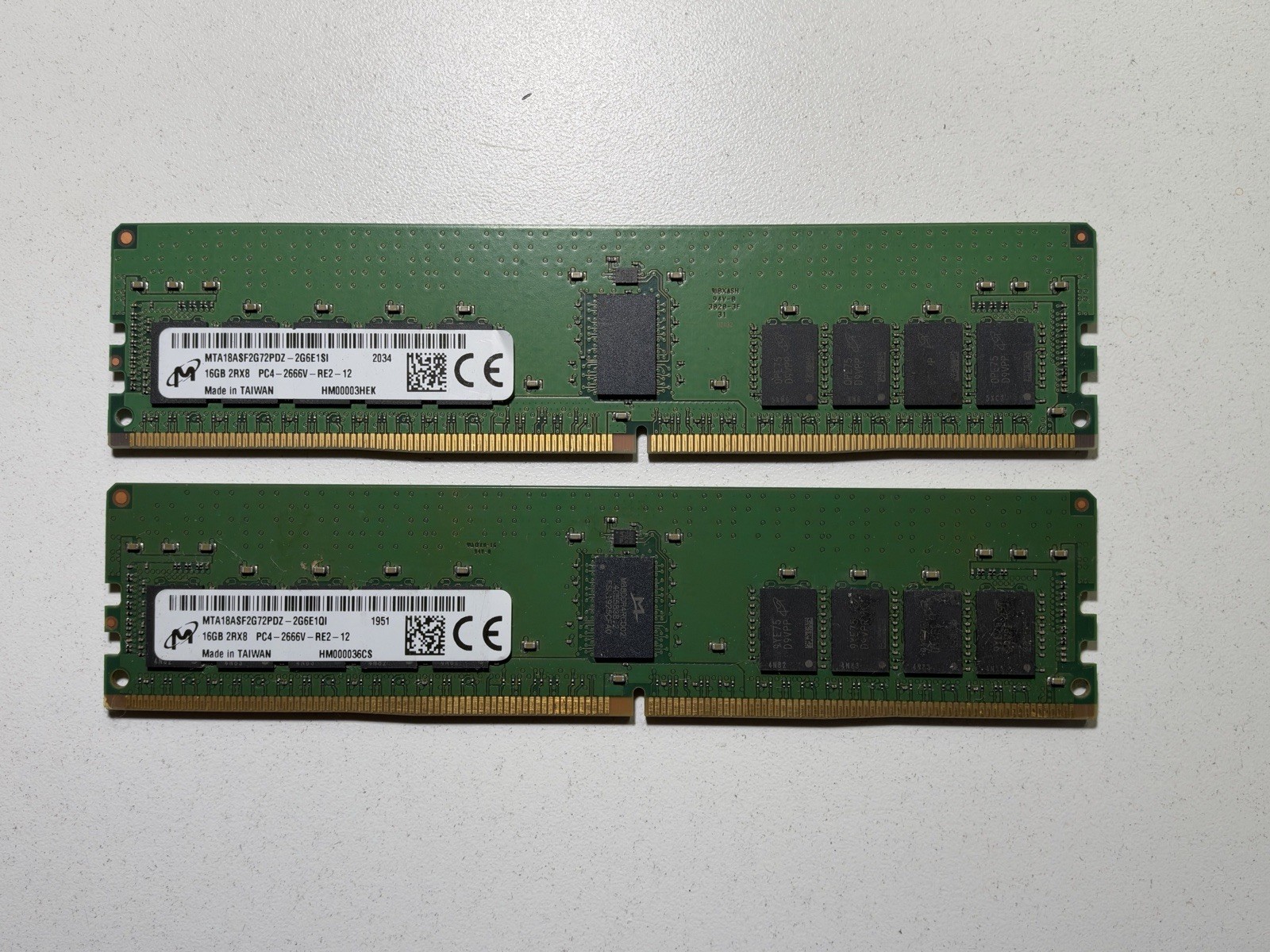 x2 Micron 16GB 2Rx8 PC4-2666V ECC REG Server Memory - MTA18ASF2G72PDZ-2G6E1