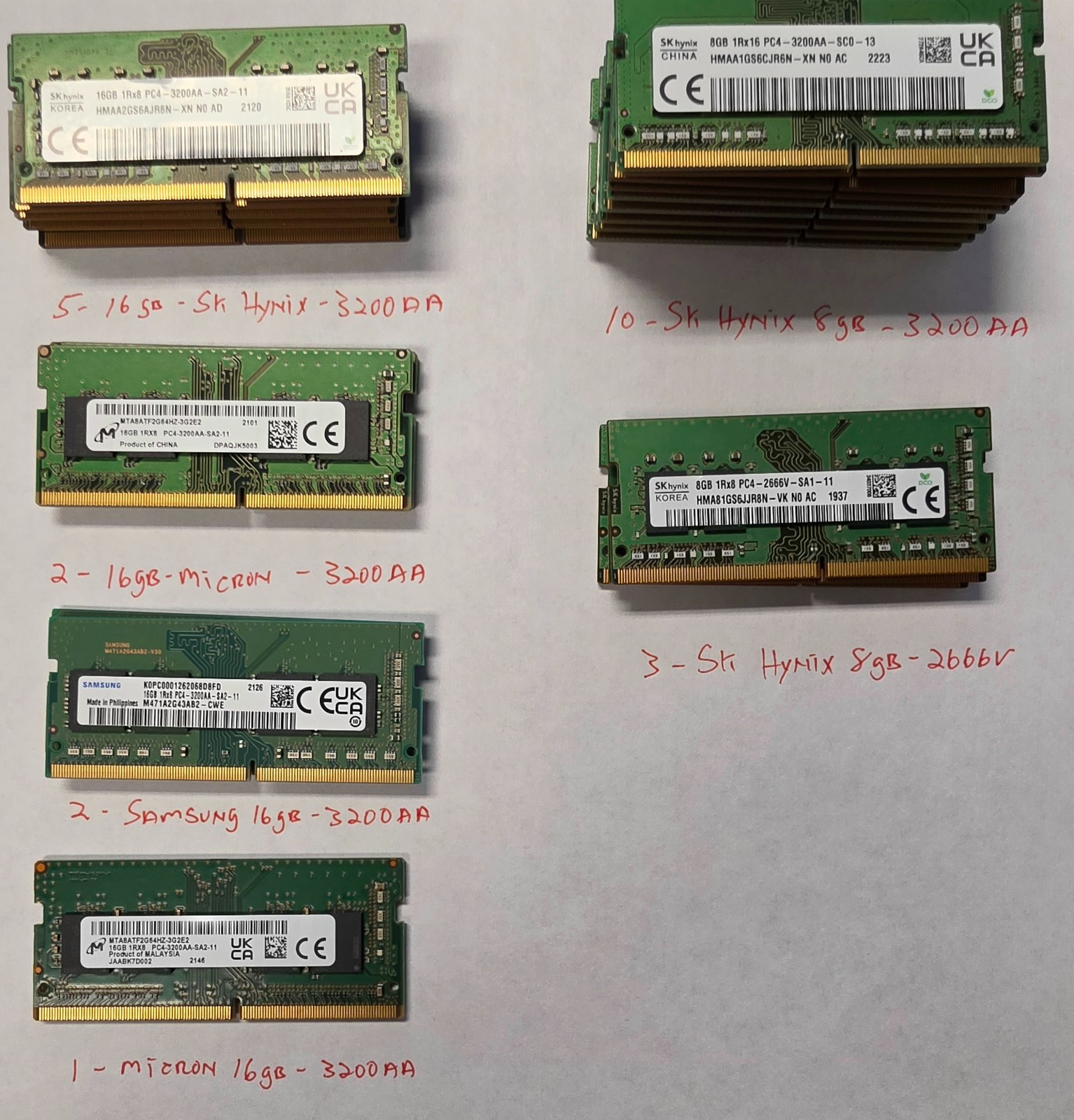 Lot of 23-Mixed Brand/Speeds DDR4 Laptop Memory-Samsung/SK Hynix/Micron