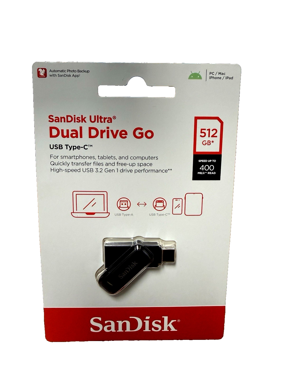 SanDisk Ultra Dual Drive Go 512GB USB-C USB-A Flash Drive 400MB/s New Sealed