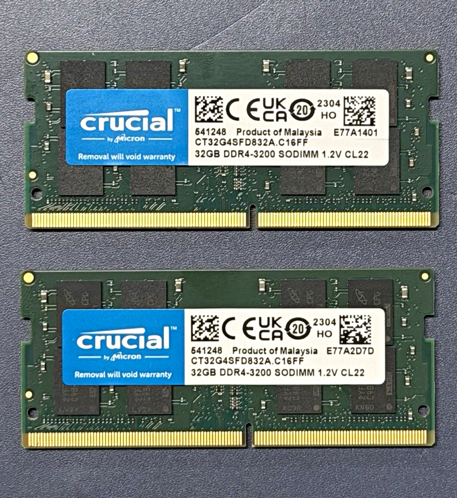 Crucial 64GB (2x32GB) DDR4-3200 PC4-25600 SO-DIMM 260-Pin Unbuf CT32G4SFD832A
