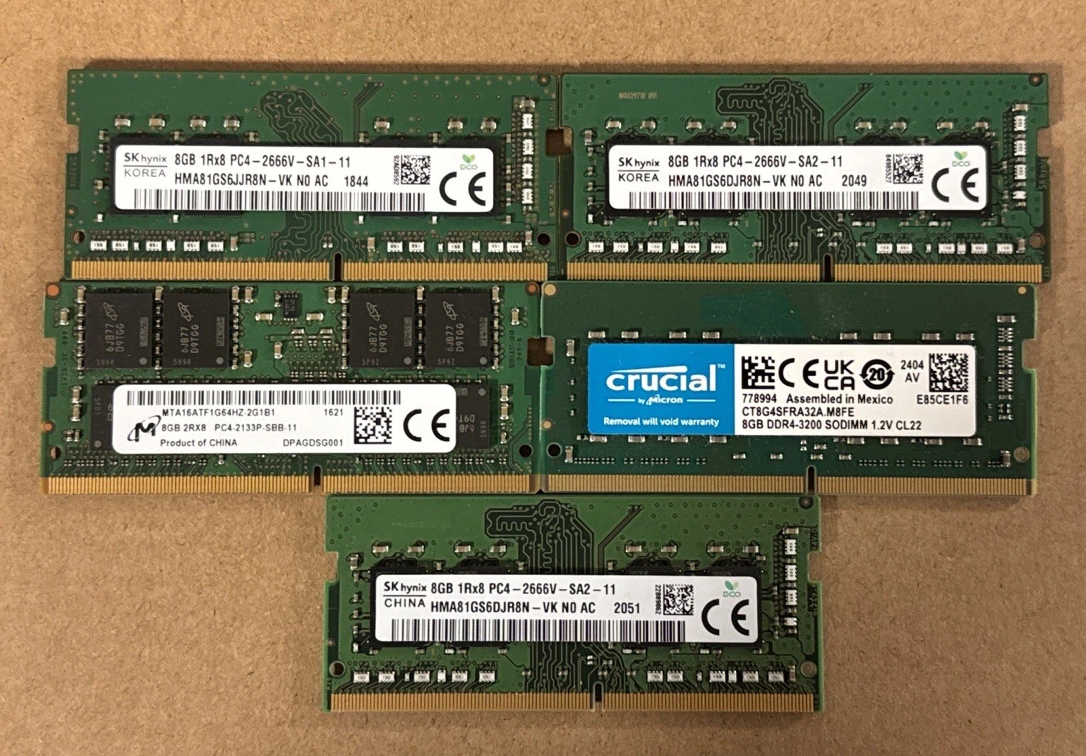 x5 Micron / SK Hynix 8GB 1Rx8 PC4-2666V-SA1-11 SODIMM Memory Bulk Lot RAM Chips