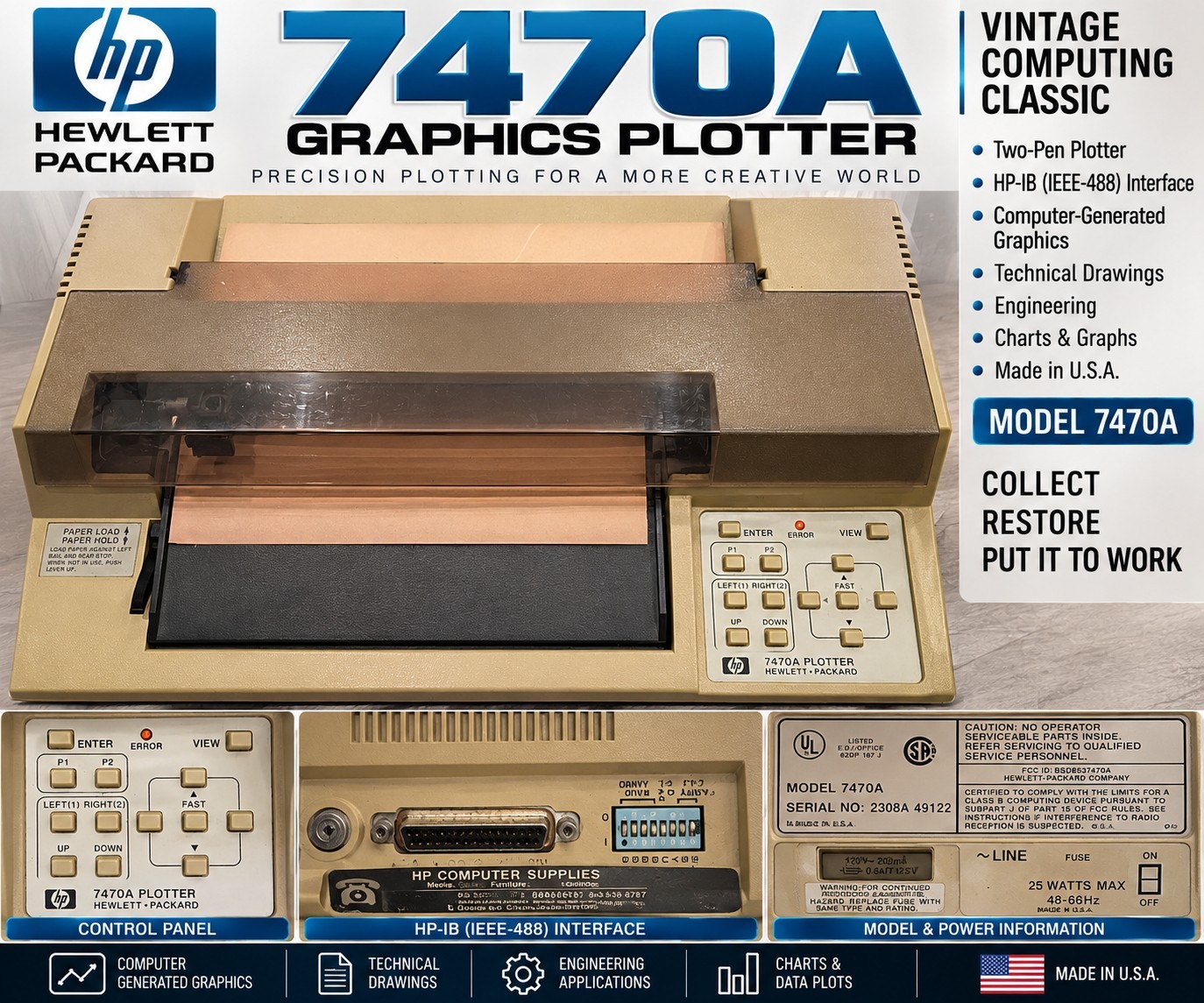 HP Hewlett Packard 7470A 2-Pen Graphics Plotter HP-IB IEEE-488 Vintage Computer HP Hewlett Packard 7470A 2-Pen Graphics Plotter HP-IB IEEE-488 Vintage Computer