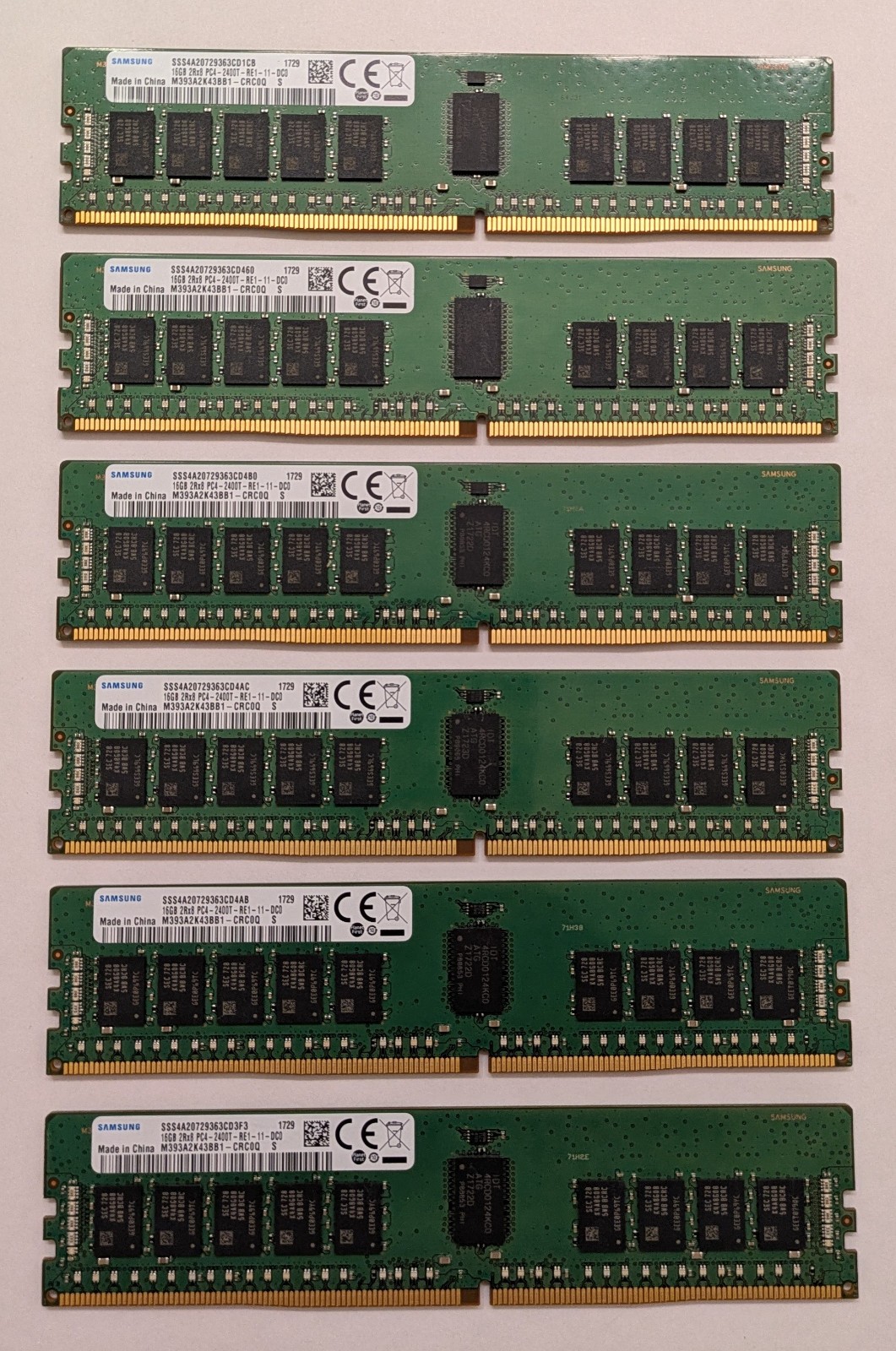 Samsung 96GB (6x16GB) DDR4-2400 ECC Server RAM 2Rx8 PC4-2400T (Lot of 6 16GB) Samsung 96GB (6x16GB) DDR4-2400 ECC Server RAM 2Rx8 PC4-2400T (Lot of 6 16GB)