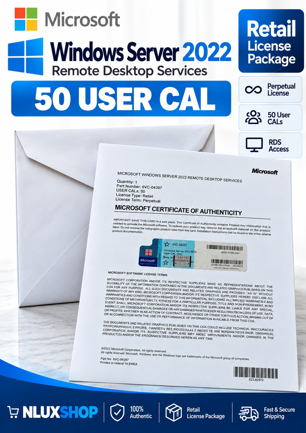 Windows Server 2022 Remote Desktop Services 50 User CAL RDS Retail Perpetual Windows Server 2022 Remote Desktop Services 50 User CAL RDS Retail Perpetual