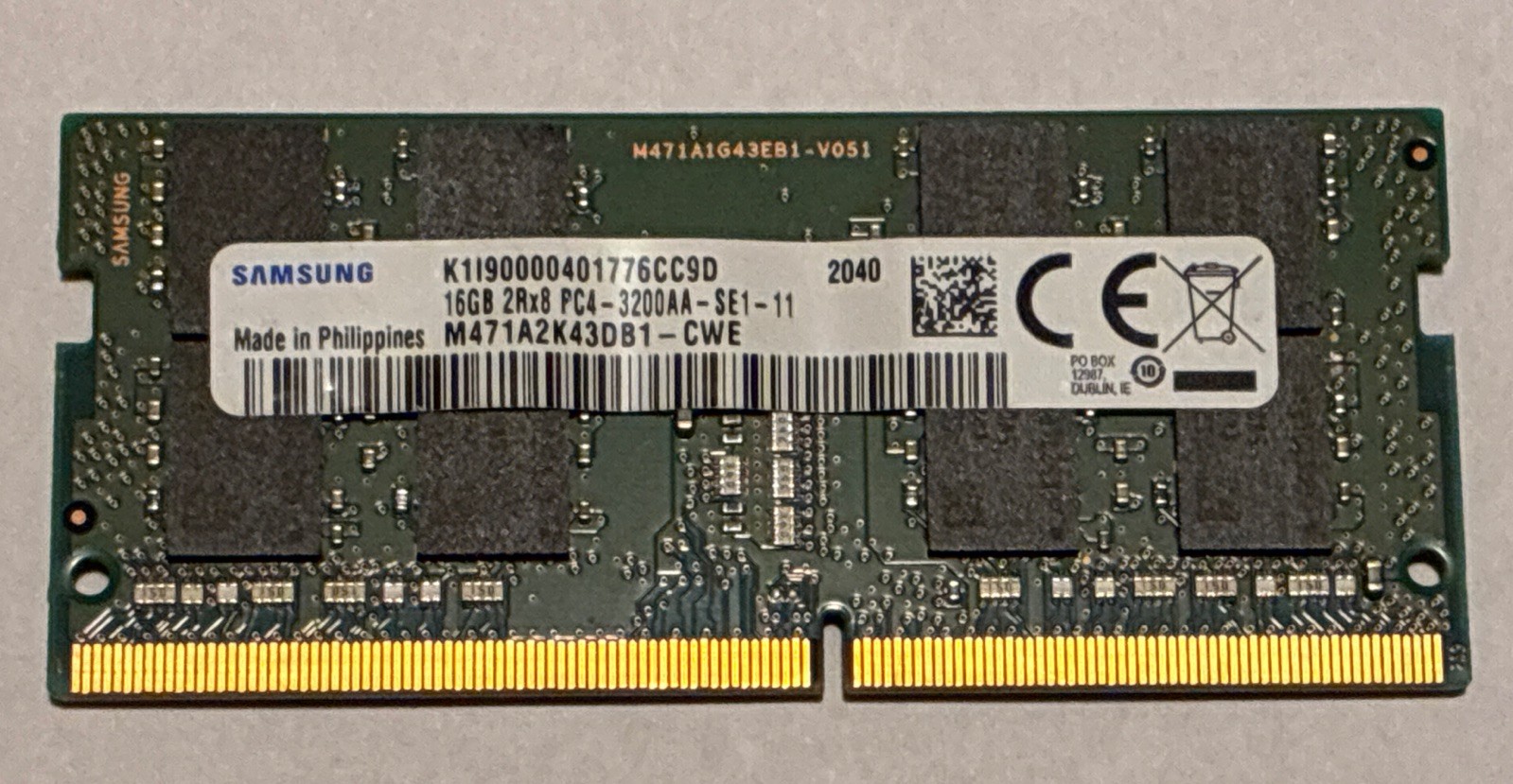 Samsung 16GB 2Rx8 DDR4 SDRAM SO-DIMM 3200MHz (PC4-3200AA) M471A2K43DB1-CWE Samsung 16GB 2Rx8 DDR4 SDRAM SO-DIMM 3200MHz (PC4-3200AA) M471A2K43DB1-CWE