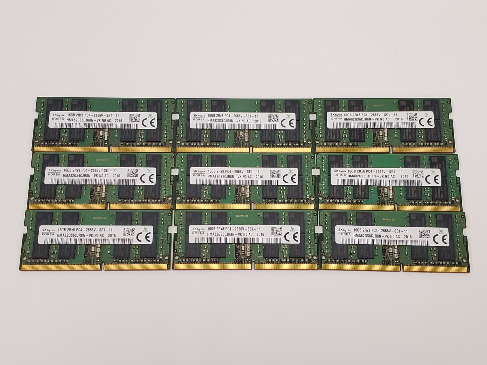 Lot of 9 SK Hynix 16GB 2Rx8 PC4-2666V-SE1-11 Laptop Memory HMA82GS6DJR8N-VK
