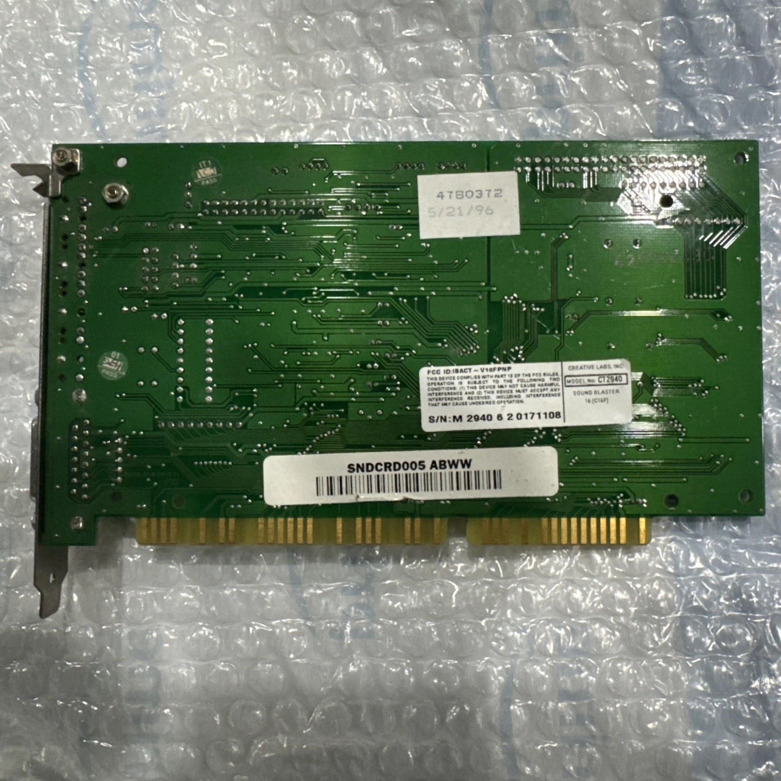 Creative Sound Blaster 16 ISA Sound Card CT2940 Vintage PC Audio Hardware