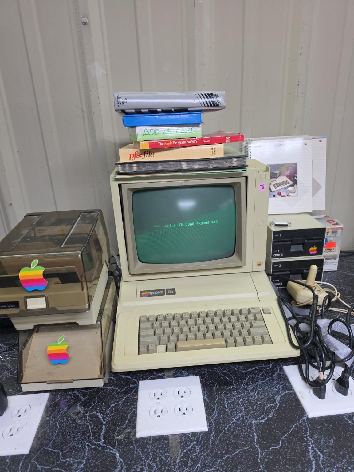 Vintage Apple IIe Computer System A2M2010 Monitor Dual Disk II Drives Software