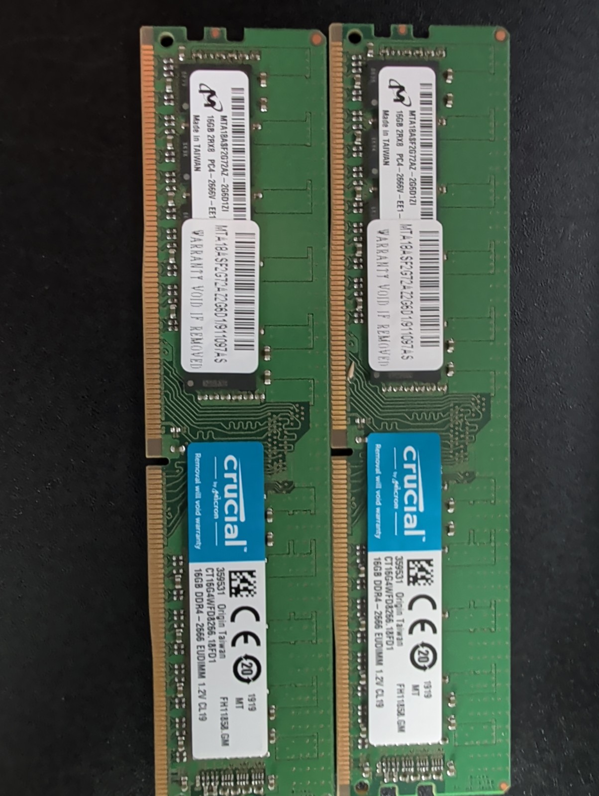 2 X MICRON 16GB 2RX8 PC4-2666V Memory Module MTA18ASF2G72AZ-2G6D1 ECC 2 X MICRON 16GB 2RX8 PC4-2666V Memory Module MTA18ASF2G72AZ-2G6D1 ECC