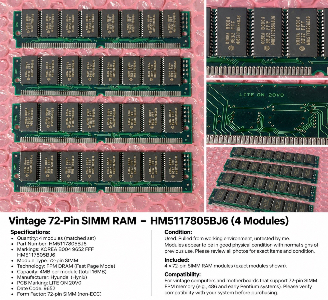 Lot of 4 Vintage 72-Pin SIMM RAM Hyundai HM5117805BJ6 FPM Memory Retro PC Lot of 4 Vintage 72-Pin SIMM RAM Hyundai HM5117805BJ6 FPM Memory Retro PC
