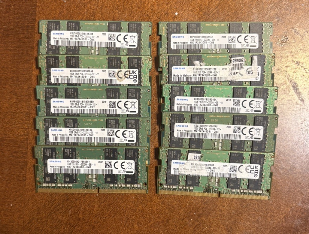Mixed Lot of 10 16GB 2Rx8 PC4-3200AA SODIMM Laptop RAM
