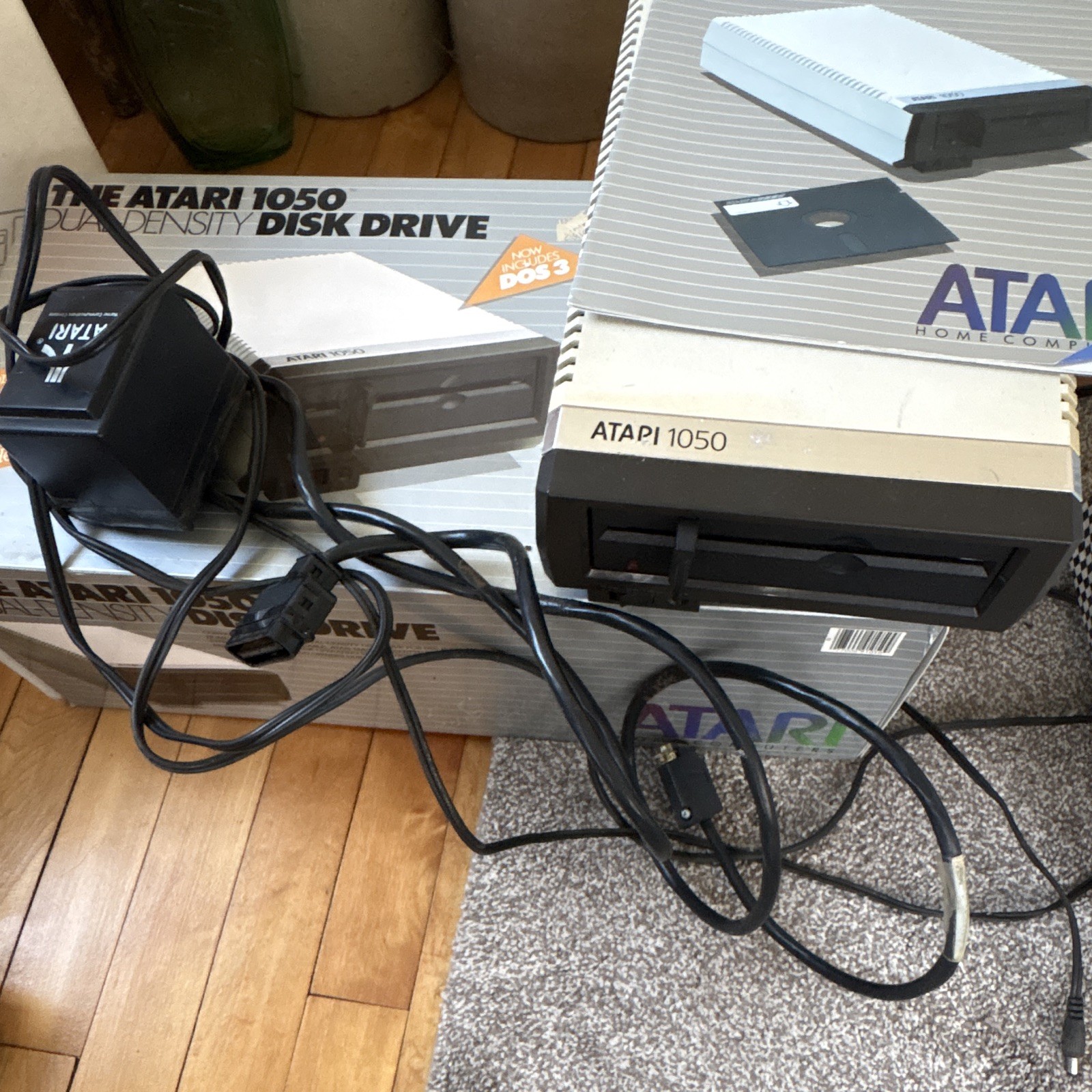 Atari 1050 Double Density Disk Drive w Power Supply, Cables, Box & Manual