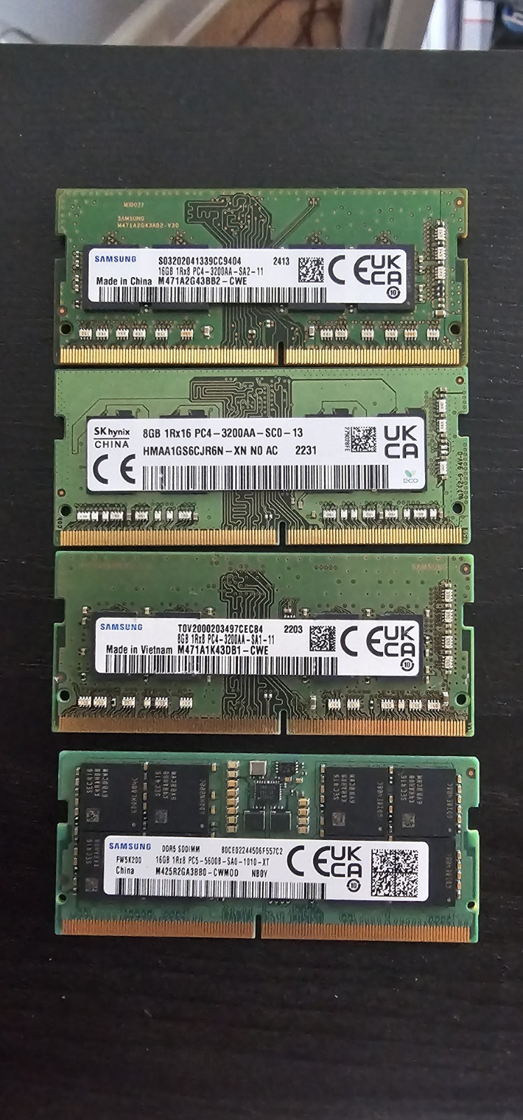 LOT of 4 x DDR4 DDR5 Laptop Memory RAM Sticks 32GB PC4-3200AA, 16GB PC5-5600B 