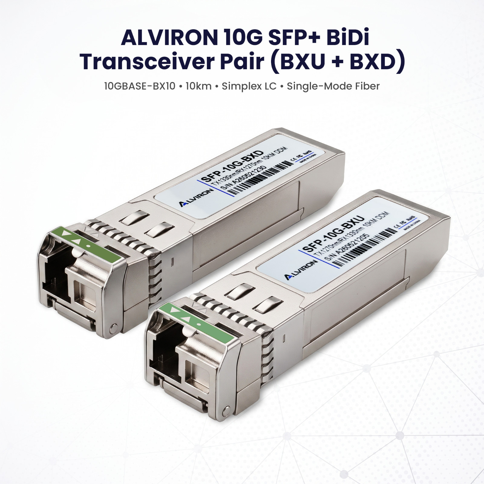 2‑Pack SFP+ 10G BiDi BX‑U/BX‑D 1270/1330nm 10km | Cisco Compatible | ALVIRON 2‑Pack SFP+ 10G BiDi BX‑U/BX‑D 1270/1330nm 10km | Cisco Compatible | ALVIRON