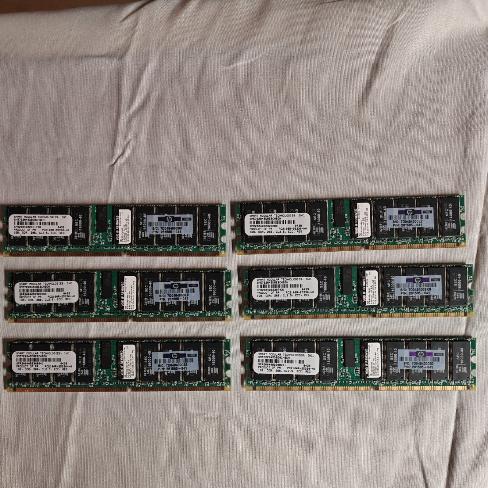 Lot of 6    1GB DDR 266mhz ECC PC2100R SMT