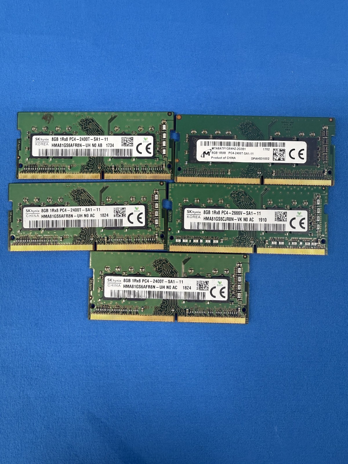 Lot Of 5 8GB 1rX8 PC4-2400T-SA1-11 ECC Memory RAM -- Bulk Lot Lot Of 5 8GB 1rX8 PC4-2400T-SA1-11 ECC Memory RAM -- Bulk Lot
