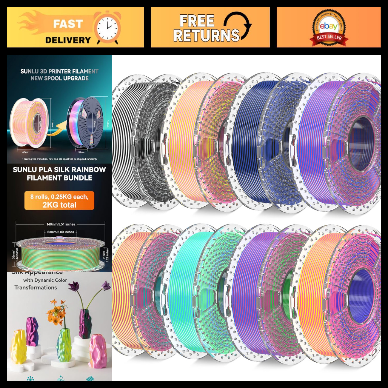 3D Printer Filament Bundle - Silk Multicolor, Dual & Triple Color, 2kg Vacuum Pa