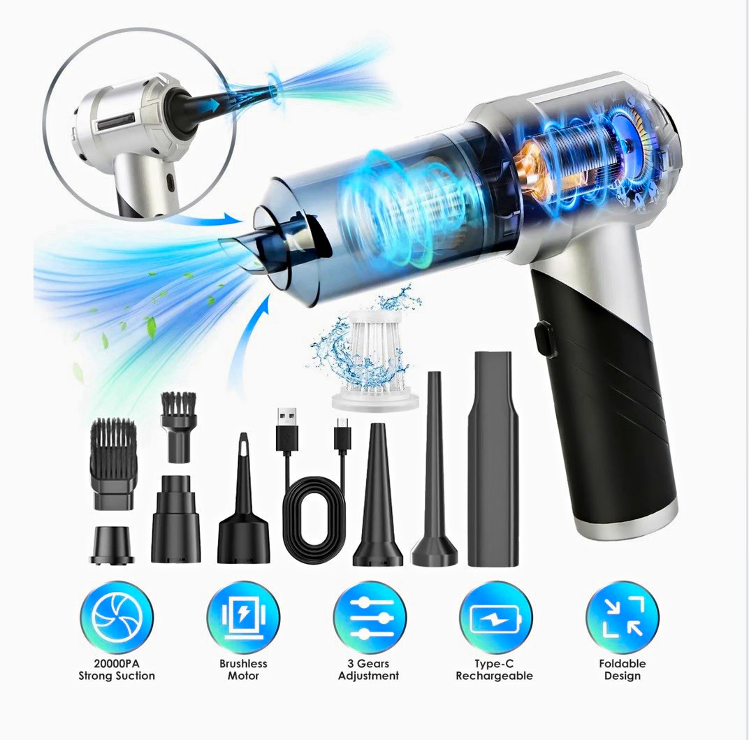 Rechargeable Type-C Air Duster Dust Blower Mini Vacuum Kit w/ Nozzles & Brush