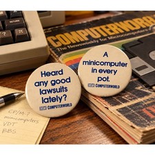 Vintage Computerworld Pinback Button Lot Minicomputer Lawsuits Tech 1970s picture