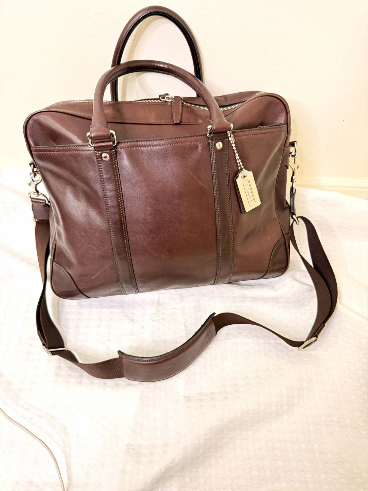 Coach Brown Solid Leather Briefcase Laptop Bag w/ Shoulder Strap Vintage Coach