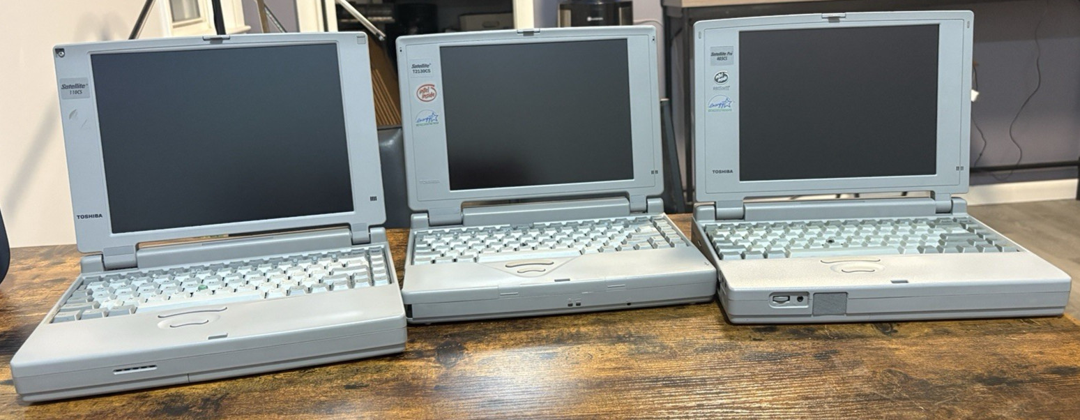 Lot of 3 Toshiba Satellite Vintage Laptops - T2130CS, Pro 405CS, 110CS
