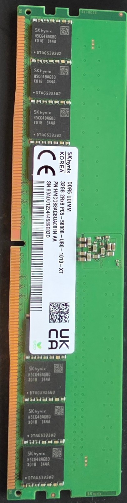 SK HYNIX 32GB (1X32GB) 2Rx8 PC5-5600B UDIMM SERVER MEMORY HMCG88AGBRA186N. SK HYNIX 32GB (1X32GB) 2Rx8 PC5-5600B UDIMM SERVER MEMORY HMCG88AGBRA186N.