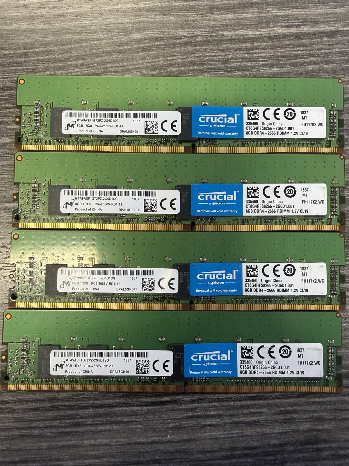 LOT OF 4  8GB (32GB) Micron MTA9ASF1G72PZ-2G6D1SK 2666MHz DDR4 DIMM Memory