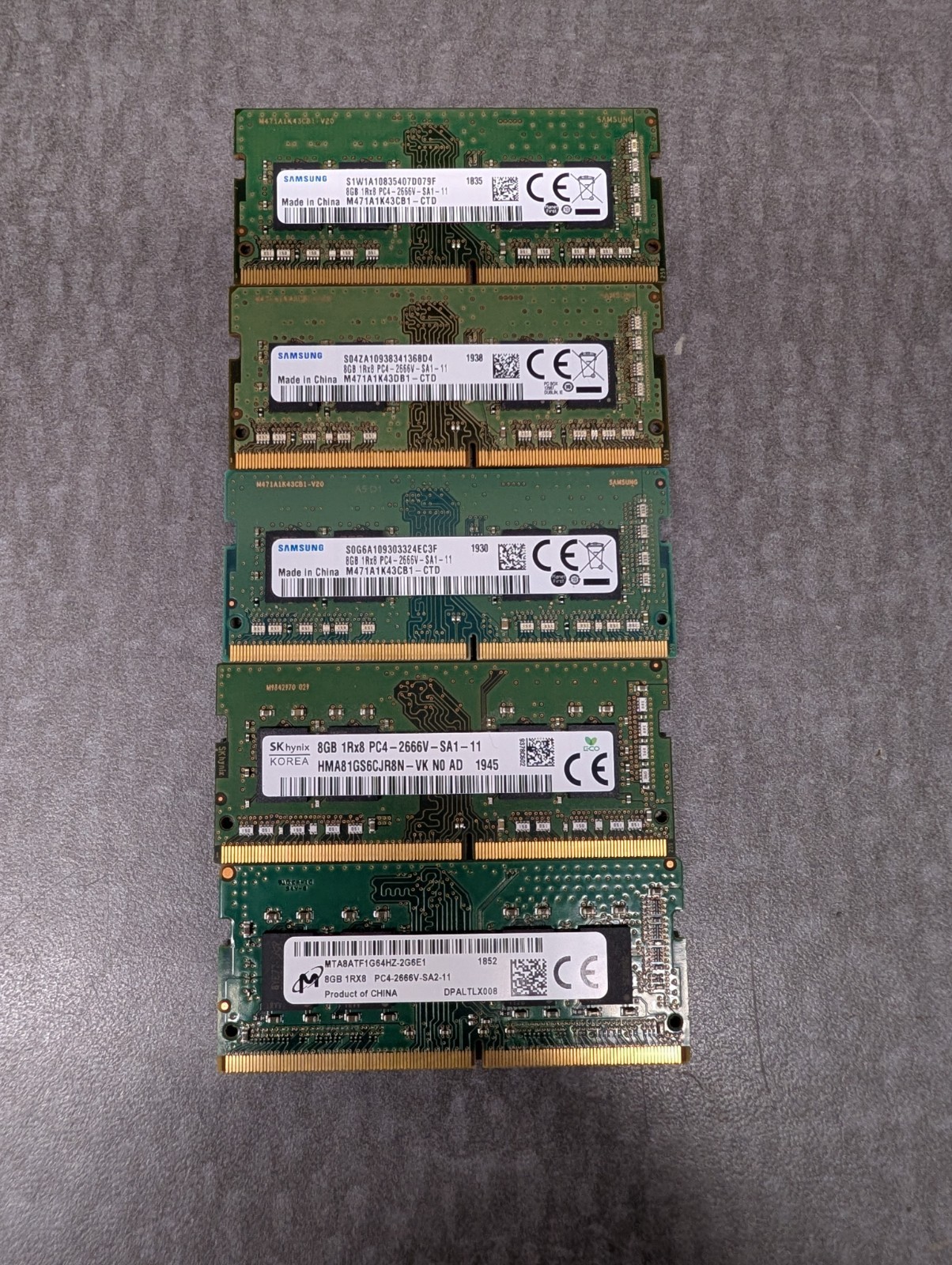 ** Lot of 5 Samsung SK Hynix Micron 8GB DDR4 SODIMMs 2666