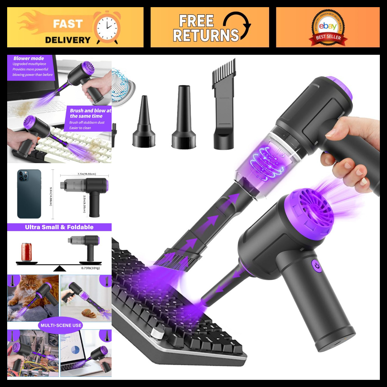 Mini Computer Vacuum Cleaner & Compressed Air Duster 14500Pa, 110000RPM, Cordles