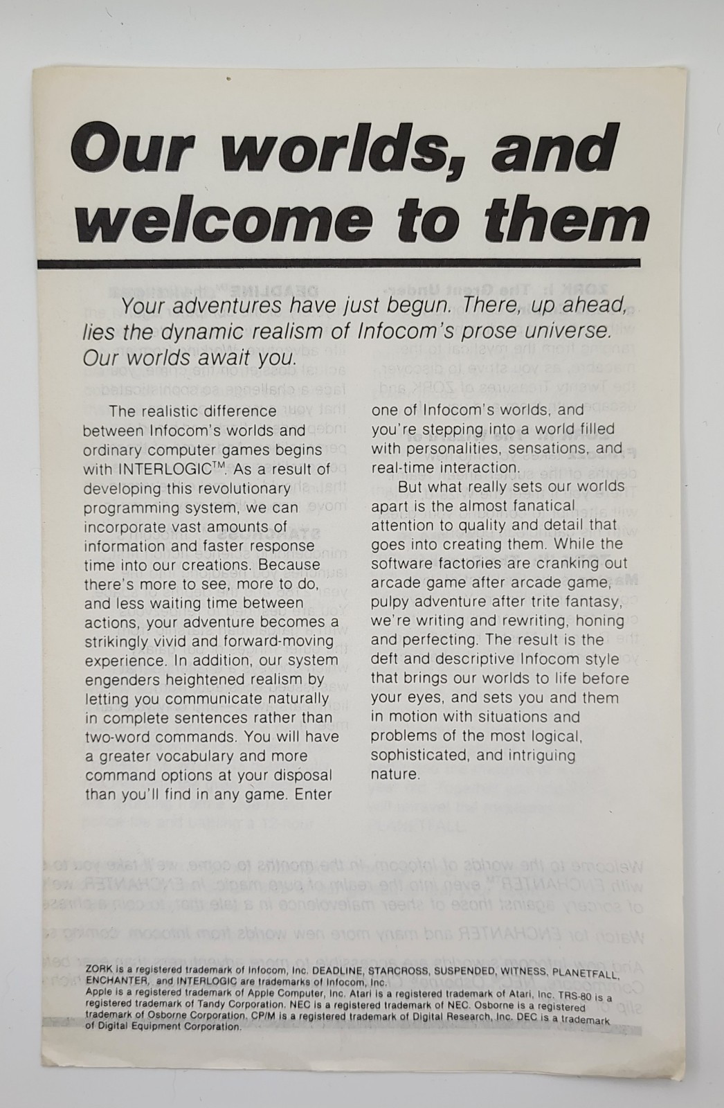 VINTAGE INFOCOM 1983 Catalog Our Worlds and Welcome to Them #F8 VINTAGE INFOCOM 1983 Catalog Our Worlds and Welcome to Them #F8