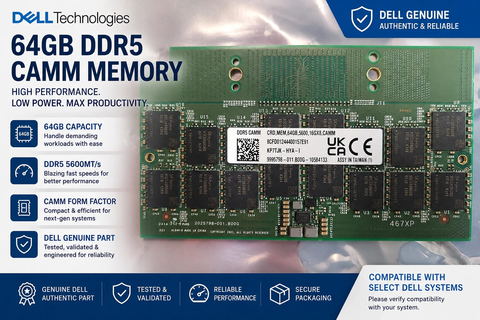 Dell Memory Module - 64GB - DDR5 - CAMM RAM - 5600MHz 16GX8 Dell Memory Module - 64GB - DDR5 - CAMM RAM - 5600MHz 16GX8