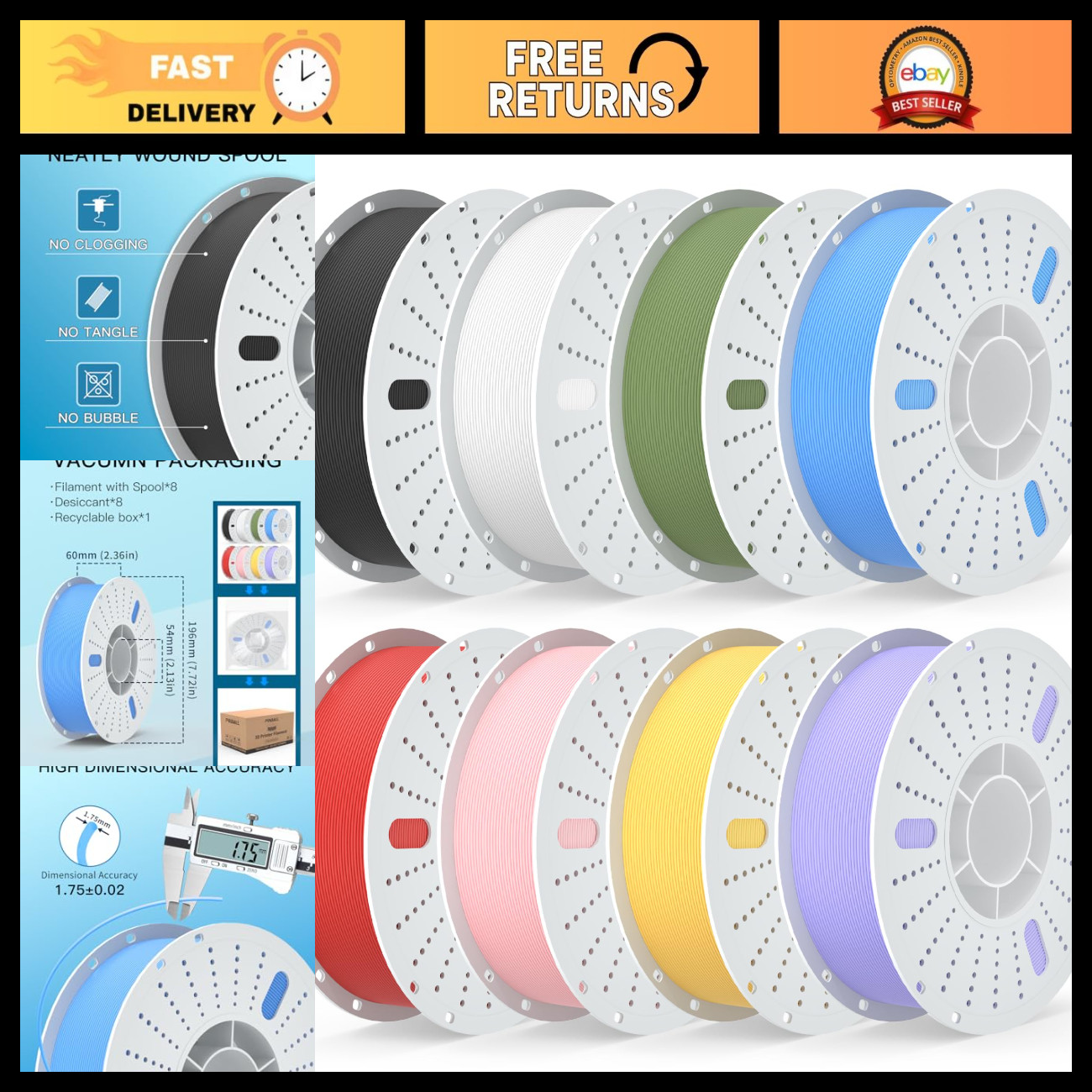 Matte PLA 3D Printer Filament 1.75mm - 8 Rolls Multicolor, 8 kg, Vacuum Packed