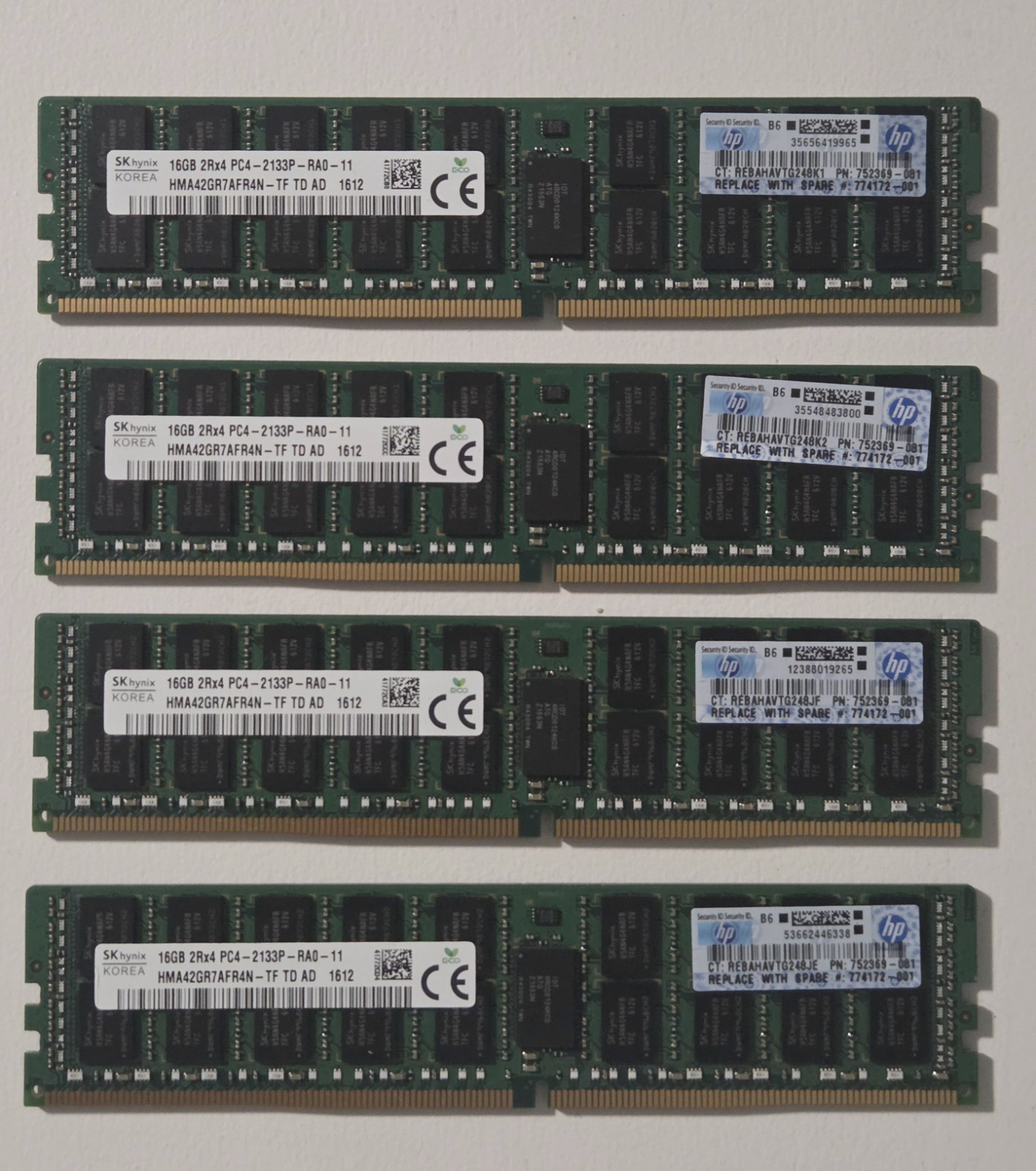 LOT of 4 SK Hynix HP 16GB 2Rx4 DDR4 PC4-2133P RAM Modules HMA42GR7AFR4N-TF 64GB