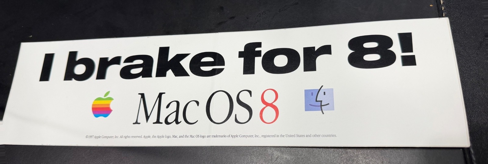 Vintage 1997 Apple Mac OS 8 I Brake For 8 Bumper Sticker Rainbow Apple Logo Vintage 1997 Apple Mac OS 8 I Brake For 8 Bumper Sticker Rainbow Apple Logo