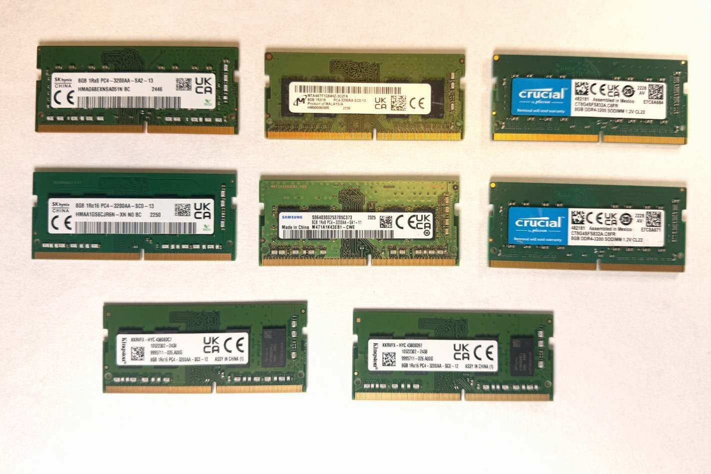 Lot of 8 8GB DDR4-3200 Laptop RAM SODIMM 32GB Samsung Micron PC4-3200AA