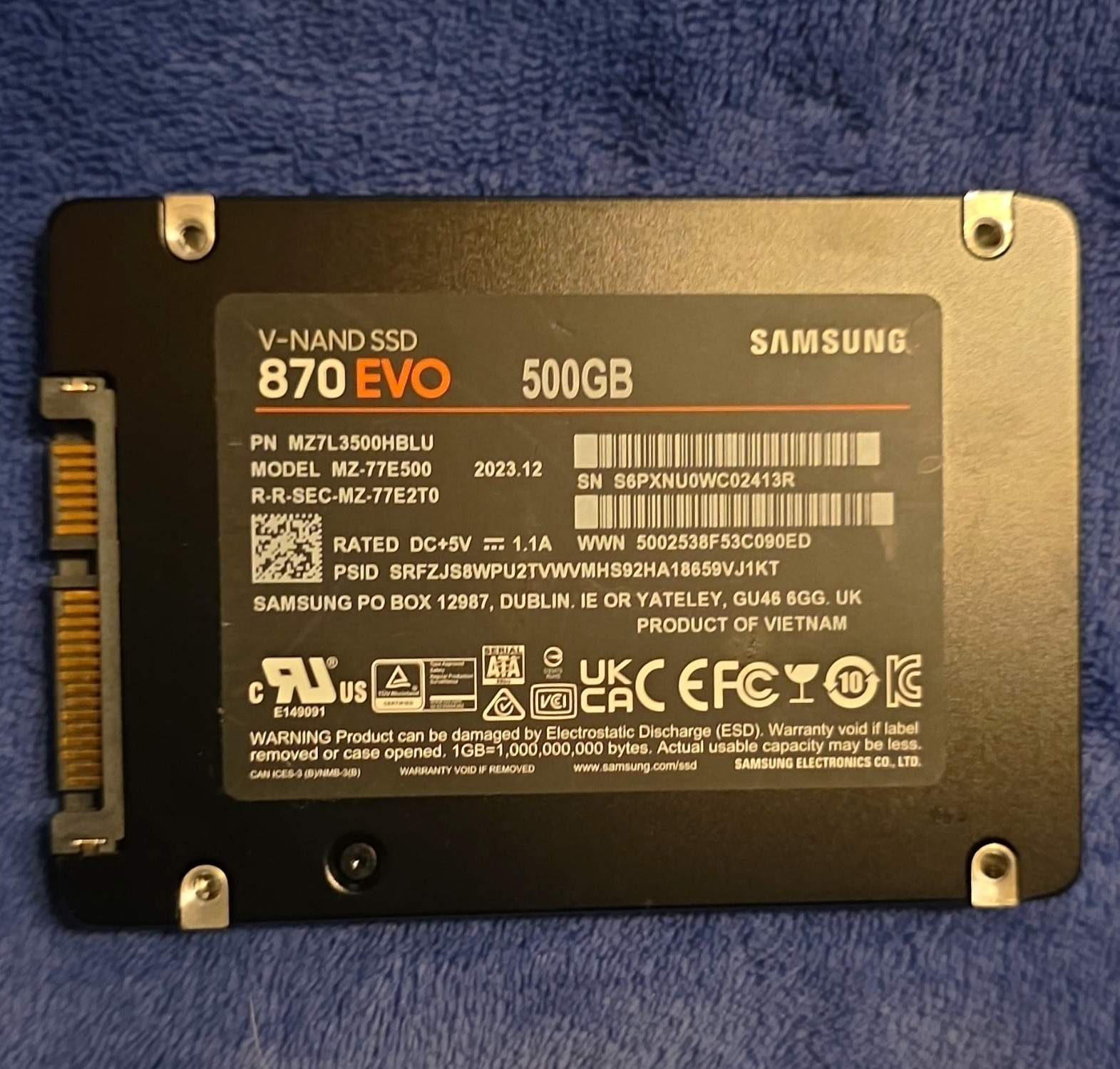 Samsung 870 EVO 500GB 2.5in SATA III V-NAND Internal SSD MZ7L3500HBLU