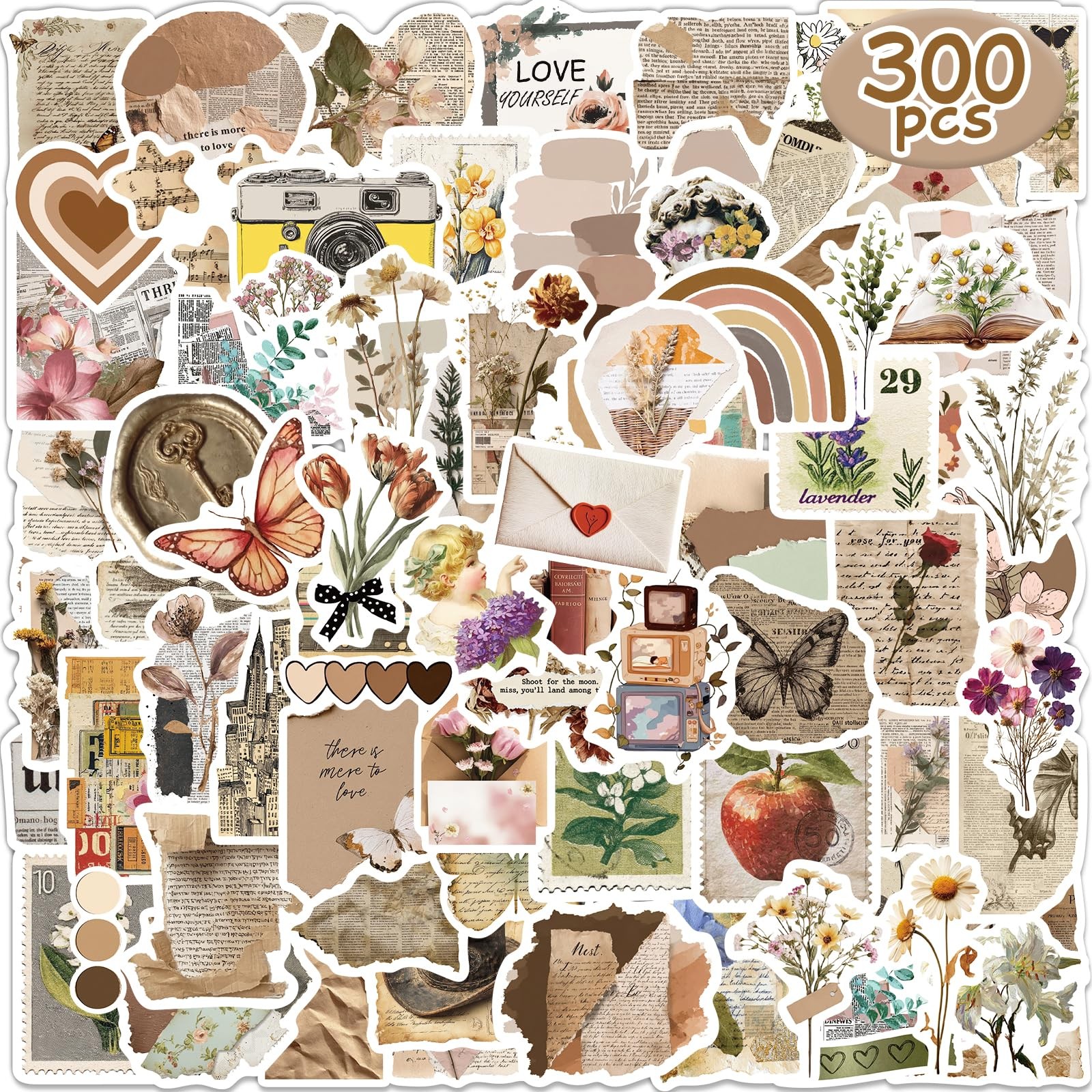 300 Pcs Vintage Aesthetic Stickers,Waterproof Vinyl Scrapbook Supplies