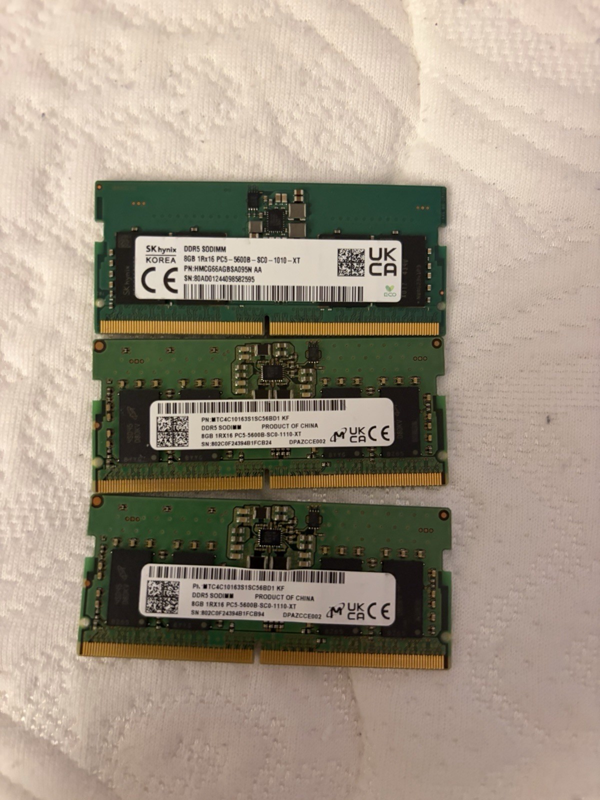 Assorted 24GB DDR5 Laptop RAM Lot SO-DIMM 5600MHz (3x 8GB Micron SK hynix)