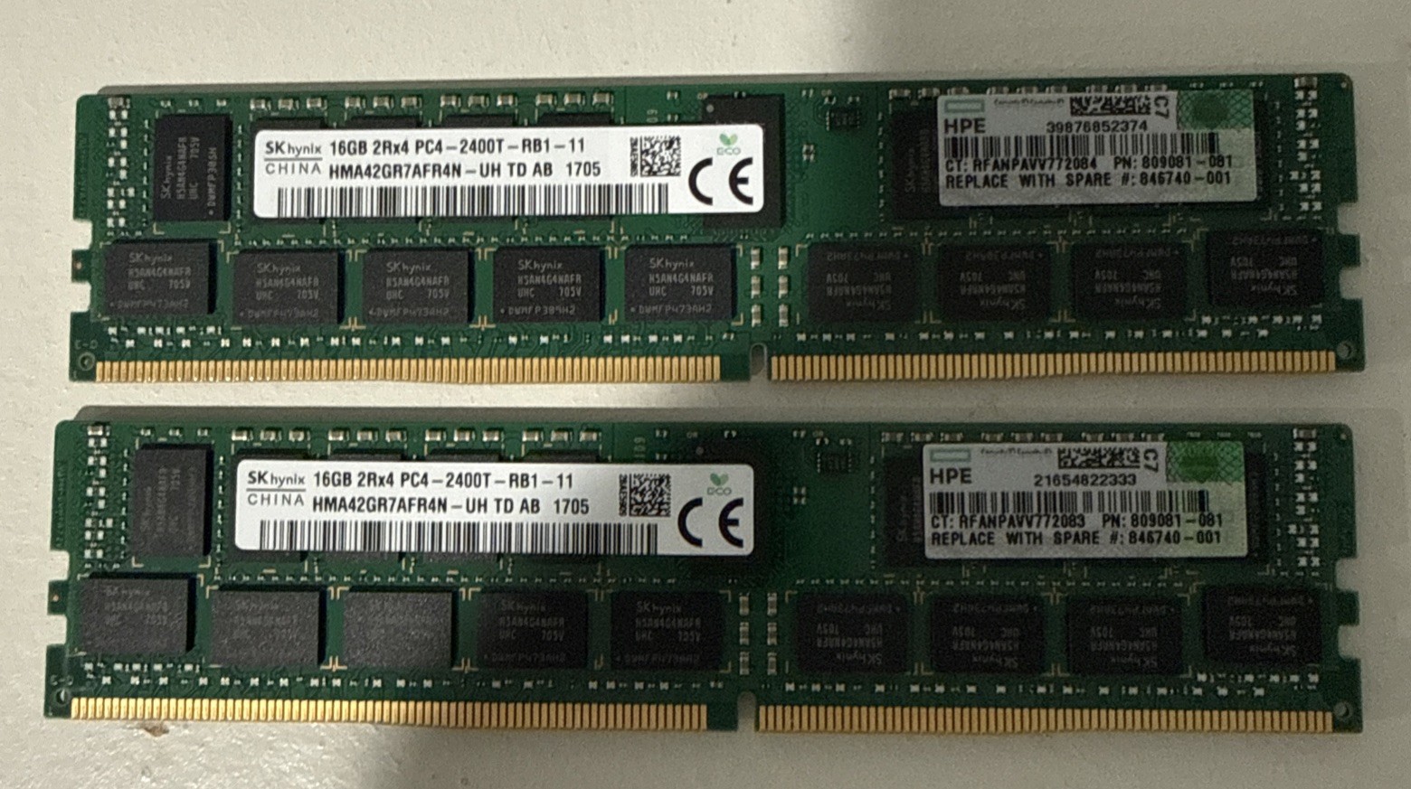HP 809081-081 846740-001 16GB 2RX4 PC4-2400T 836220-B21 Server Memory. Lot of 2