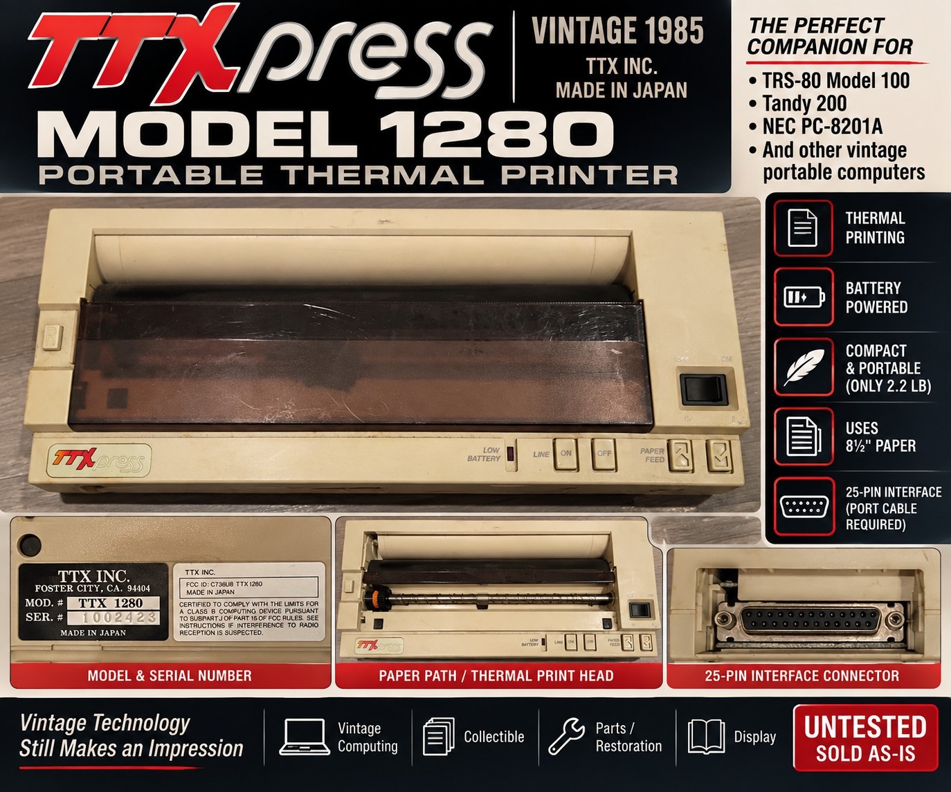 Vintage TTXpress 1280 Portable Thermal Printer TRS-80 Model 100 Tandy 200 NEC