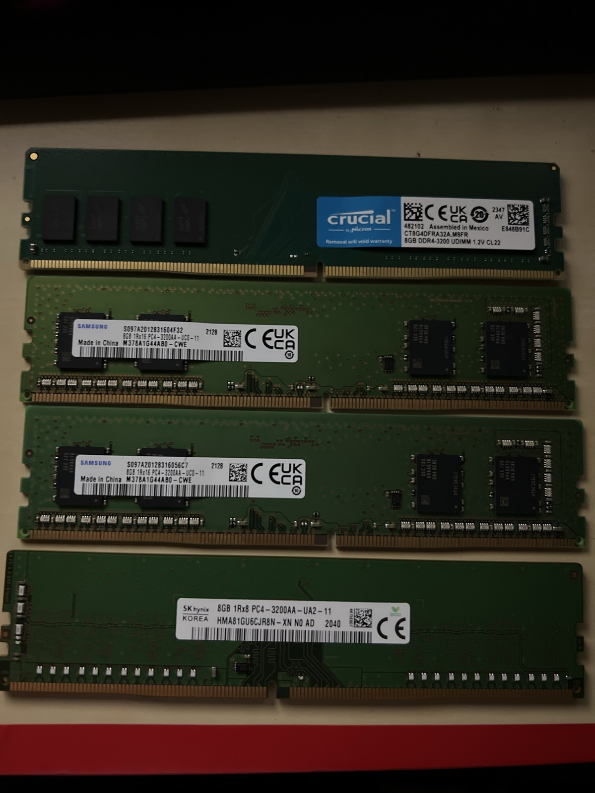 Lot Of 4 Mixed Brands - 8GB DDR4 PC4-3200AA RAM M378A1G44AB0-CWE