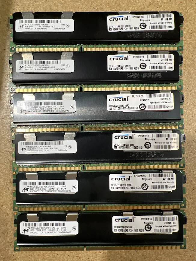 LOT OF 6-Crucial CT102472BB1339.36FD1 8GB 2Rx4 PC3-1060 (6x8GB=48GB) Server Ram LOT OF 6-Crucial CT102472BB1339.36FD1 8GB 2Rx4 PC3-1060 (6x8GB=48GB) Server Ram