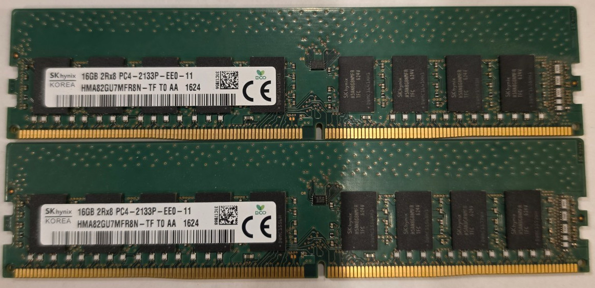 LOT of 2 SK Hynix 16GB PC4-2133P-EE0 DDR4 ECC Unbuffered RAM HMA82GU7MFR8N-TF