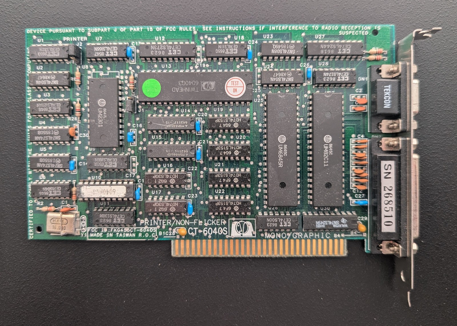 Vintage Twinhead CT-6040S monochrome graphics card 8 bit ISA Vintage Twinhead CT-6040S monochrome graphics card 8 bit ISA