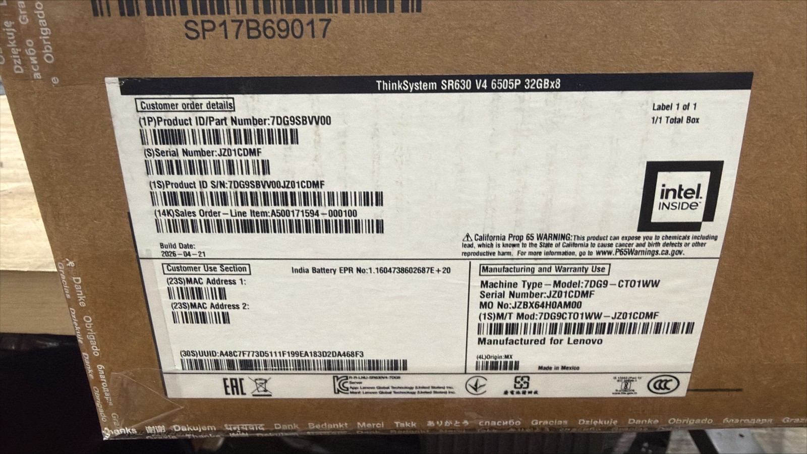 7DG9SBVV00 THINKSYSTEM SR630 V4 1X 6505P 12C 8X 32GB 4X 960 2X 480 1X 940-8I 