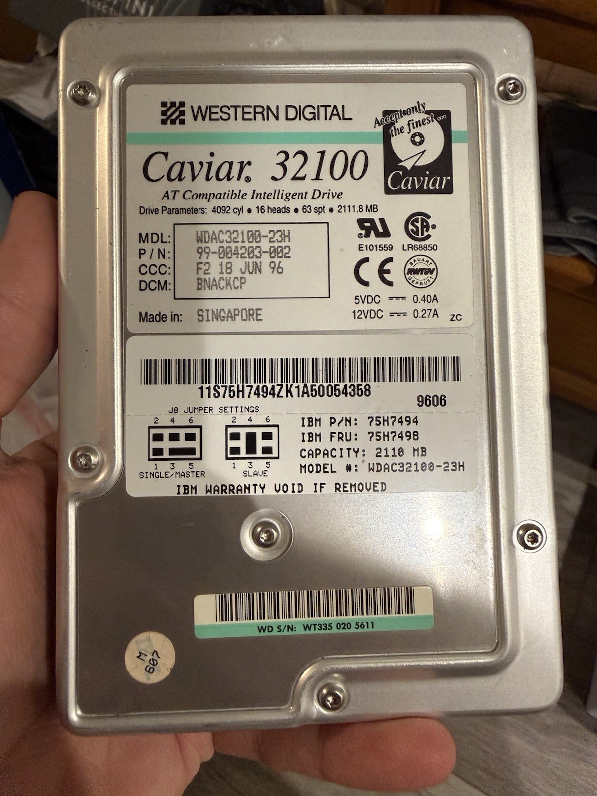 Vintage IBM Western Digital Caviar 32100 2.1GB IDE HDD WDAC32100-23H