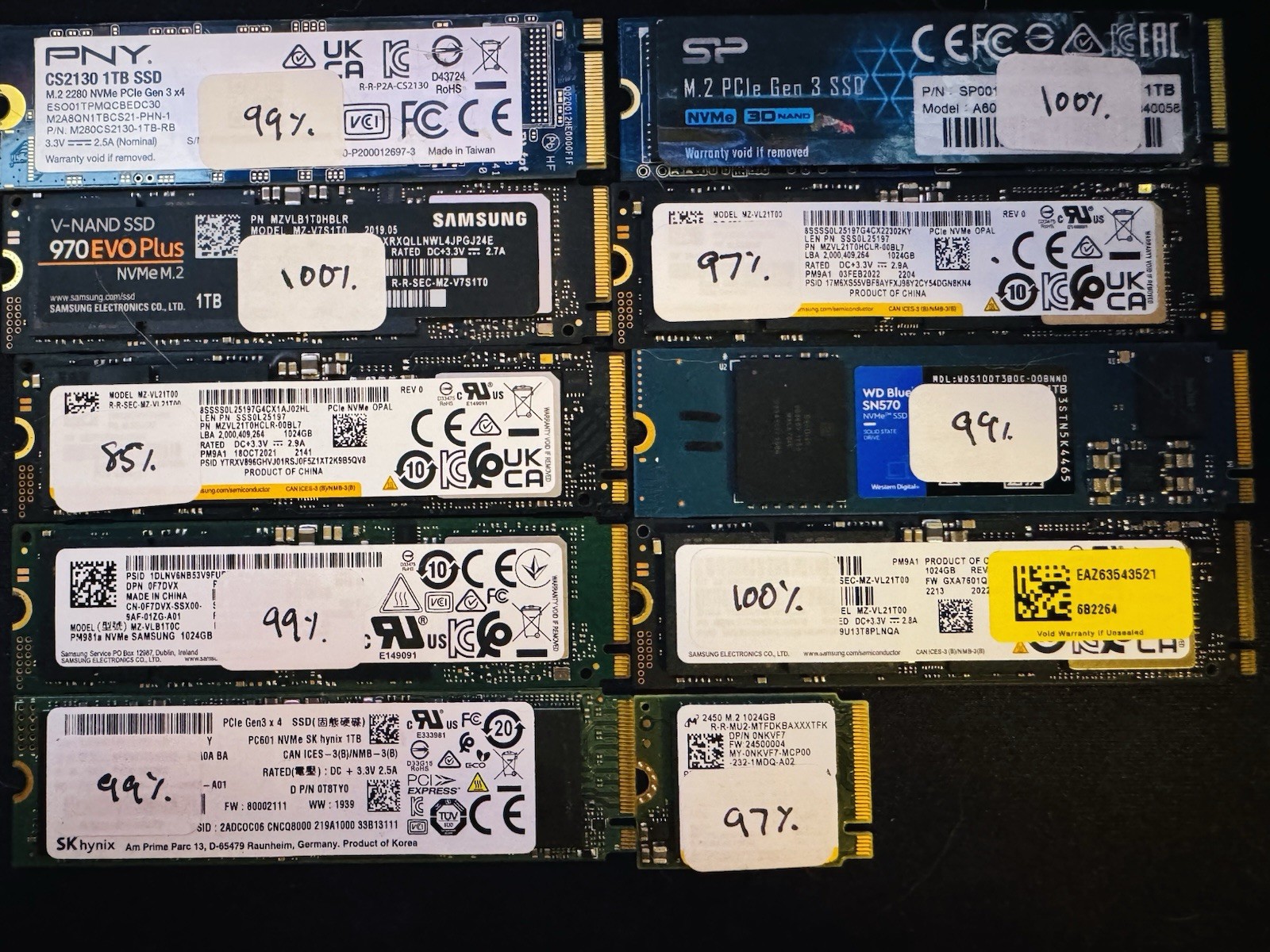 10x 1TB M.2 NVMe SSD Lot PCIe Gen 3 Gen 4 Samsung WD Micron Hynix